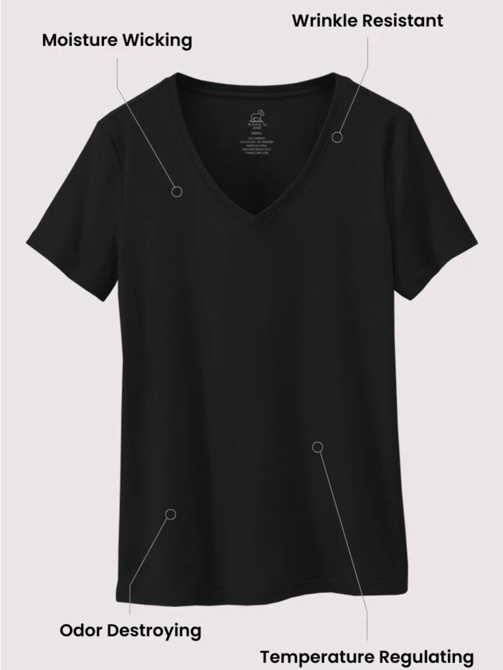 Woolx Junie All-Season Black V-Neck Women's Short Sleeve Tee - Picture 2 of 5